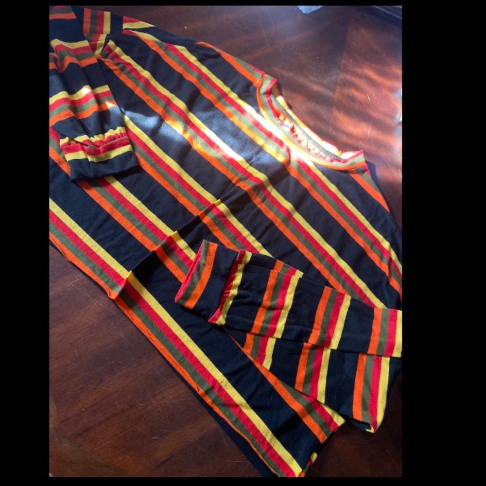 SHEIN Black Long Sleeve Tee with Red, Orange & Yellow Stripes